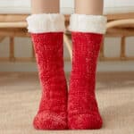 Plaid Chaussons Chaussettes Femme en Velours Rouge